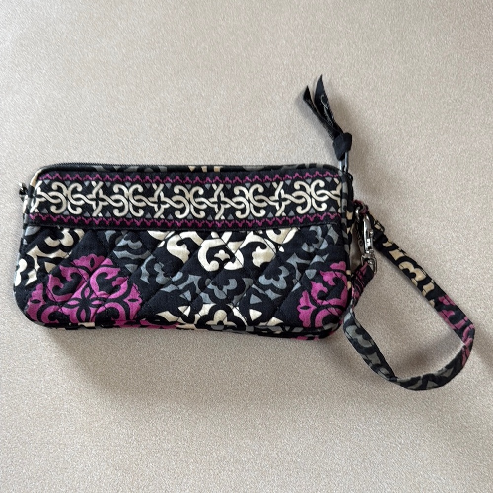 Vera Bradley Black and Pink Clutch with Damask and Bicycle Design
